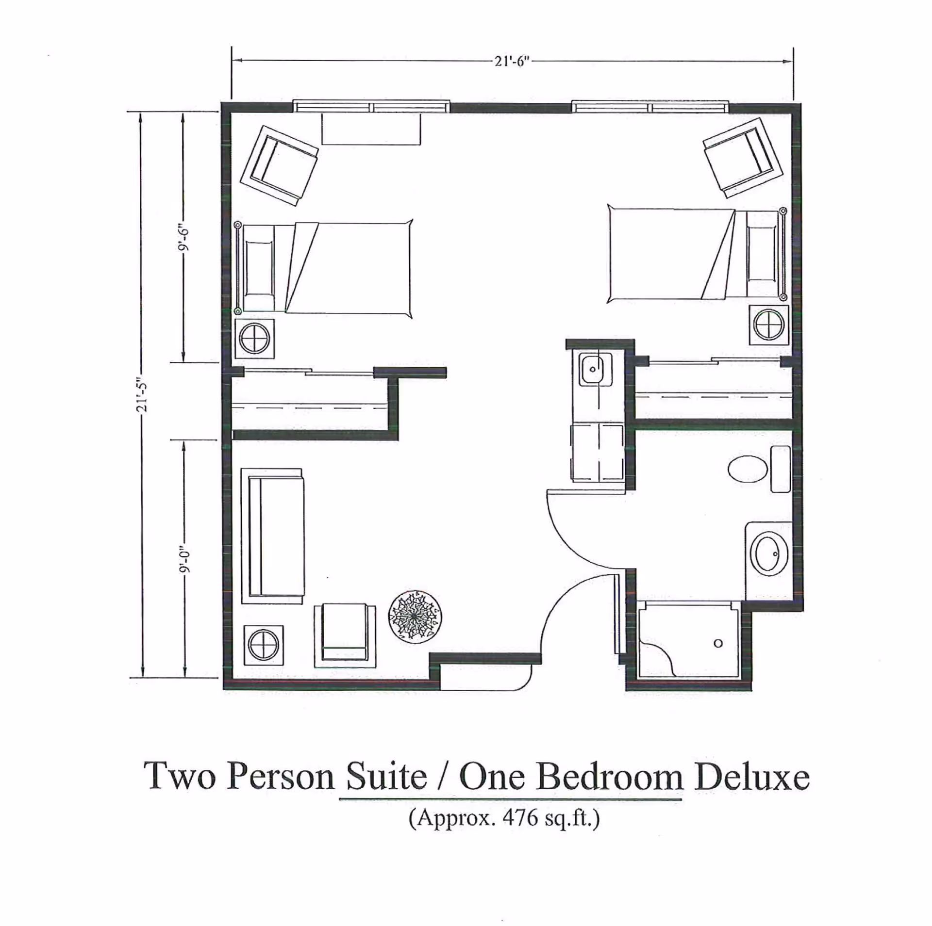 Architectural floor plan of a two-person suite with one bedroom deluxe layout, approximately 476 square feet. The plan shows two beds, two chairs, two nightstands, a living area with a sofa, chair, and table, a bathroom with a toilet, sink, and shower, and a small kitchenette area.