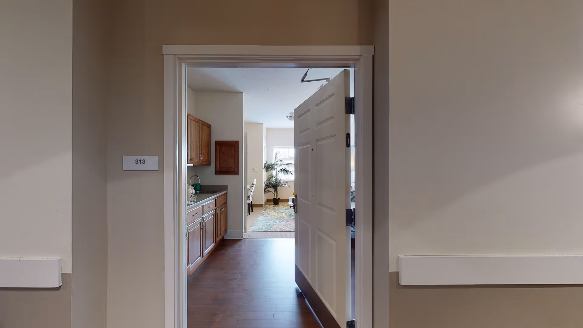 View through an open apartment door showing a kitchenette on the left and a living area with a potted plant beyond.