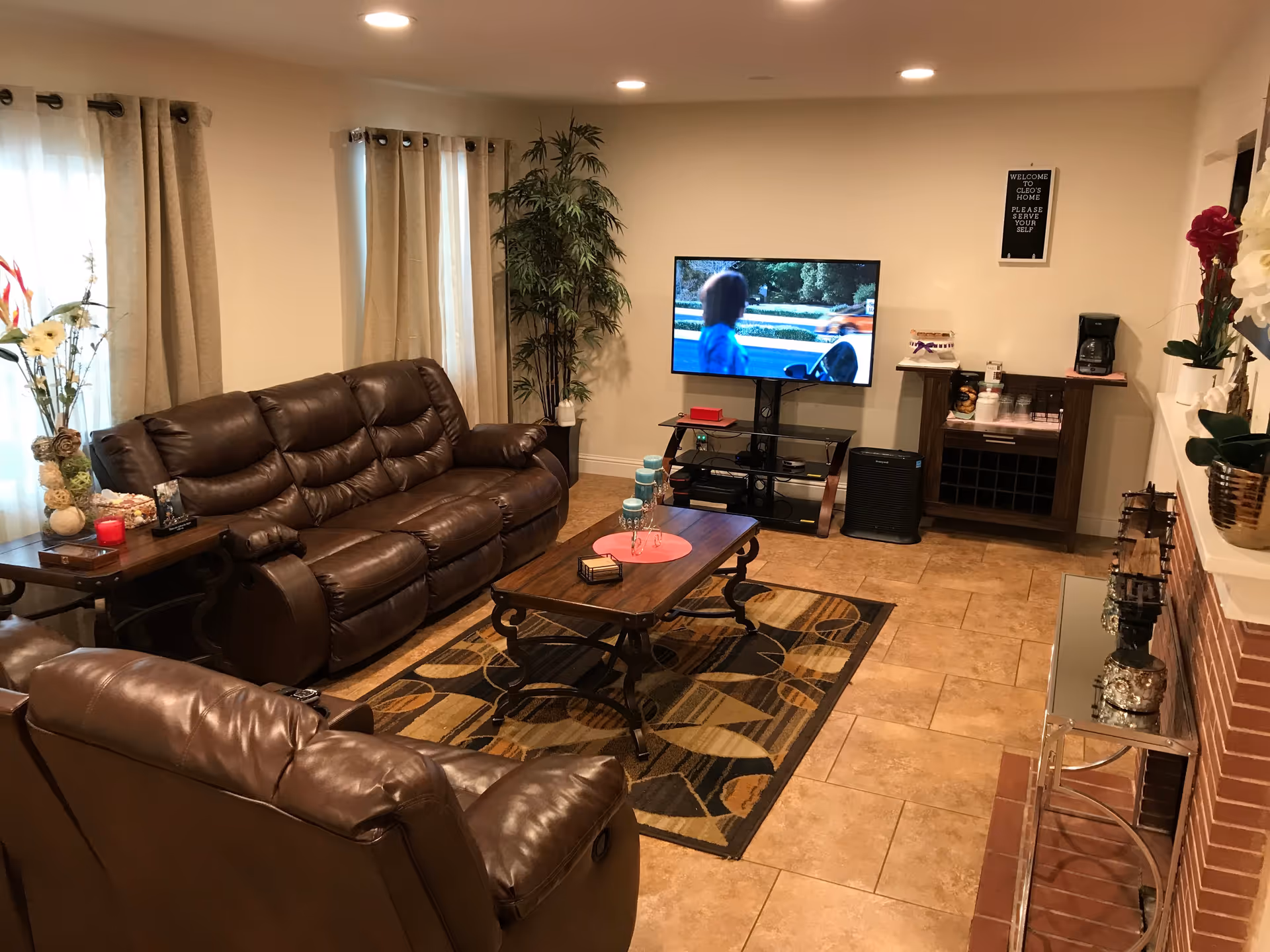 Cozy living room with brown leather sofas, a coffee table on a patterned rug, a TV on a stand, and decorative plants.