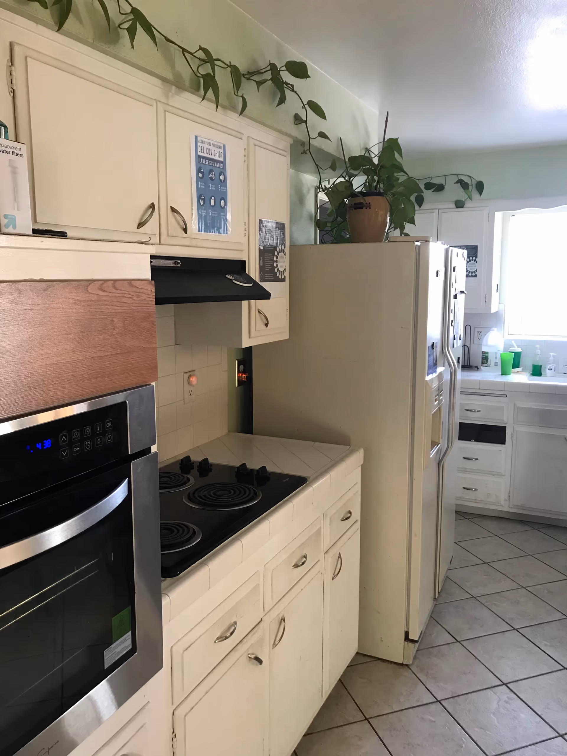 A bright kitchen with white cabinets, an electric cooktop and oven, a refrigerator, and potted plants on top of the cabinets.
