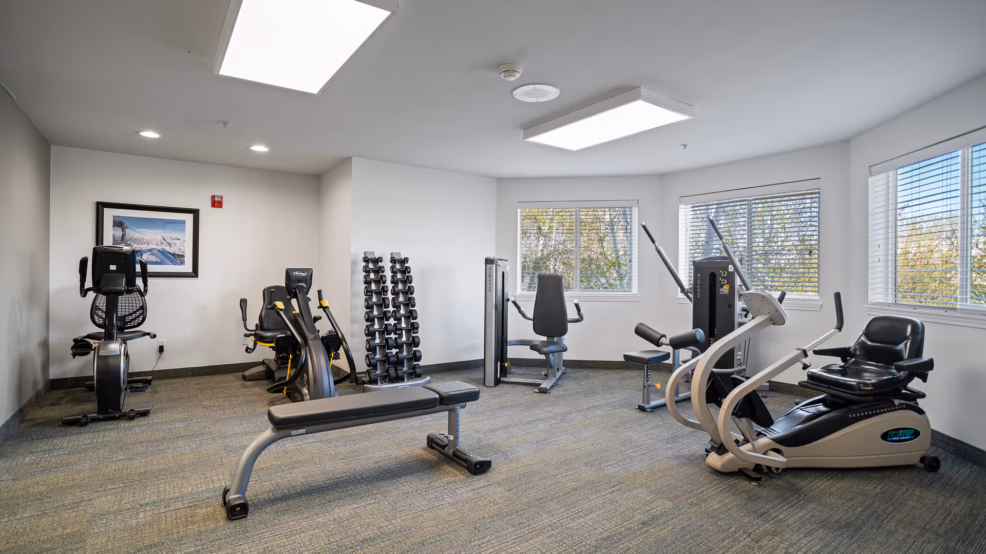 Bright exercise room with cardio and strength equipment including recumbent bikes, a weight bench, dumbbell rack, and resistance machines.