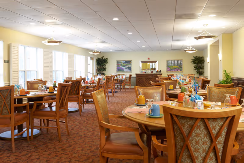 A spacious dining room with multiple wooden tables and chairs arranged neatly. Each table is set with colorful mugs, glasses, and napkins. The room has large windows with white shutters allowing natural light to brighten the space. The walls are light-colored and decorated with framed paintings and plants. The carpet is patterned in warm tones, and ceiling lights provide additional illumination.