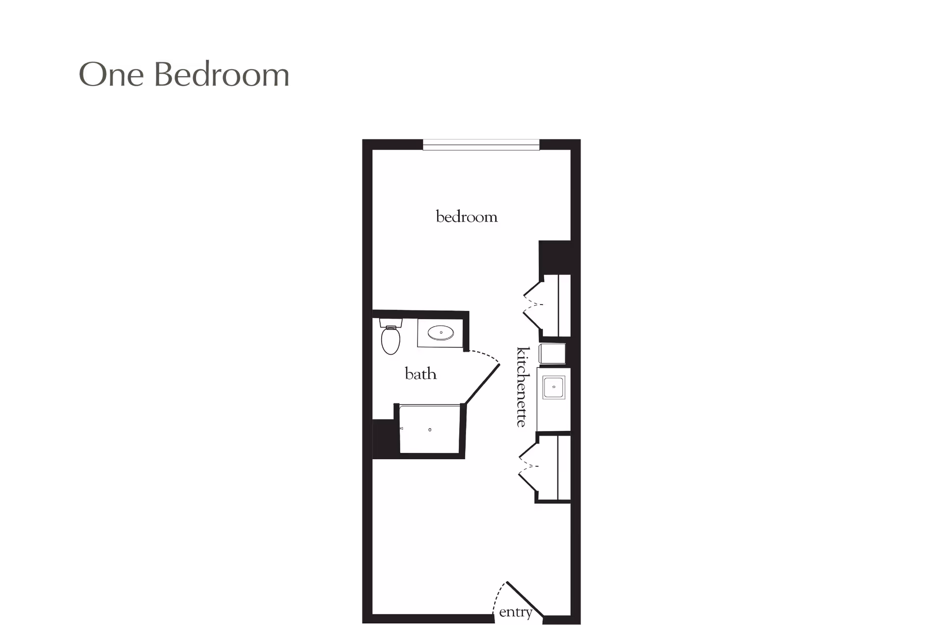 Floor plan layout of a one-bedroom unit showing an entry area, kitchenette, bath, and bedroom.