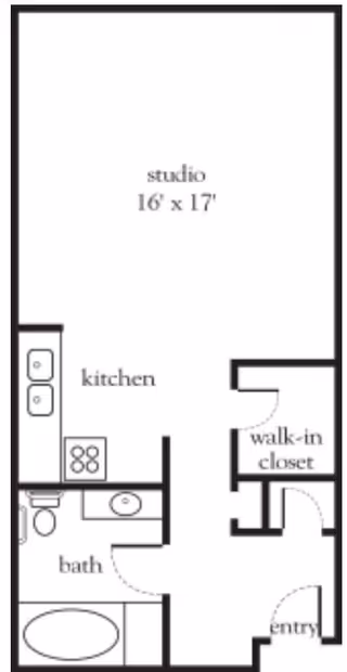 Floor plan of a studio apartment measuring 16 feet by 17 feet, featuring a kitchen with a sink and stove, a bathroom with a toilet, sink, and bathtub, a walk-in closet, and an entry area.