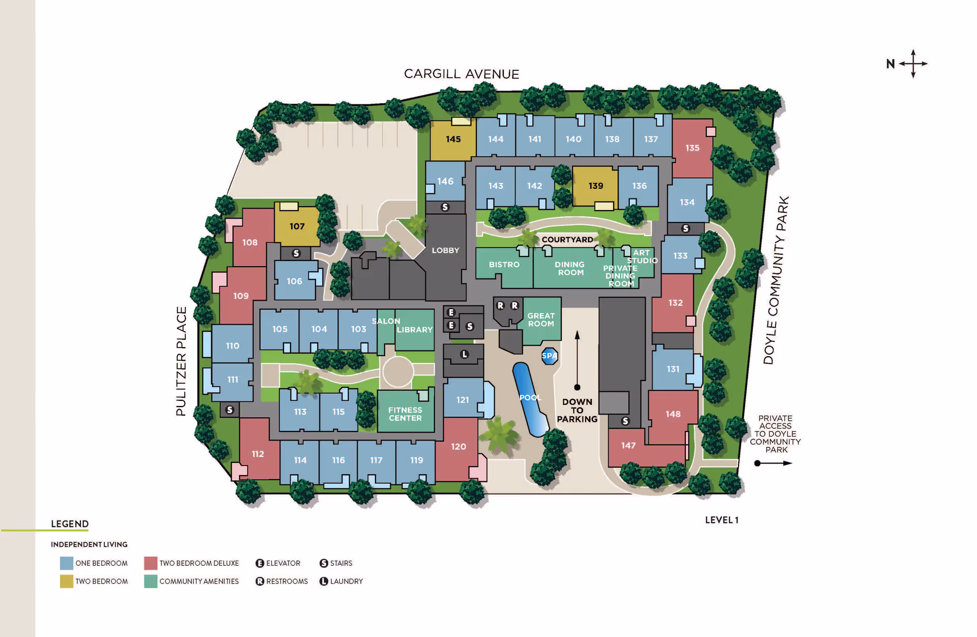 Floor plan of Atria La Jolla senior living facility showing layout of rooms, community amenities, parking, and access points. The plan includes one-bedroom, two-bedroom, and two-bedroom deluxe apartments, with labels for lobby, salon, library, fitness center, bistro, dining rooms, art studio, great room, spa, pool, elevators, stairs, restrooms, and laundry areas. Surrounding streets are Cargill Avenue, Pulitzer Place, and Doyle Community Park.