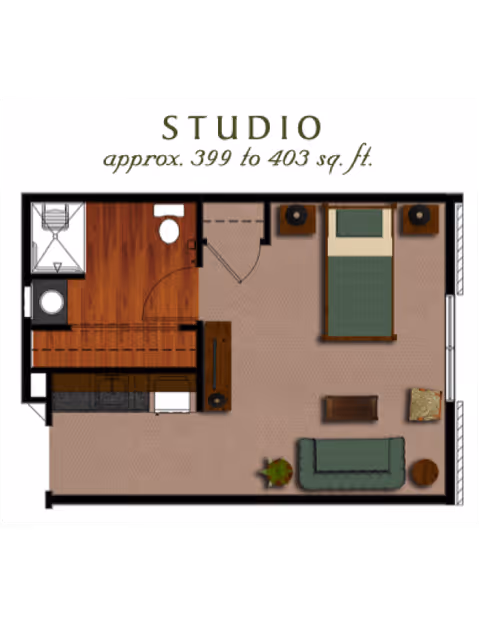 Floor plan of a studio apartment approximately 399 to 403 square feet, showing a combined living and sleeping area with a bed, sofa, coffee table, side table, and a small kitchen area adjacent to a bathroom with a shower, toilet, and sink.