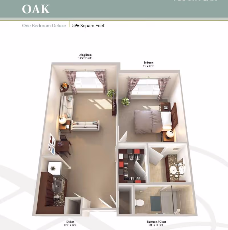 3D floor plan of a one-bedroom deluxe apartment named Oak with 596 square feet. The layout includes a living room with two sofas and a side table, a bedroom with a bed and nightstand, a kitchen with cabinets and appliances, and a bathroom with a shower, toilet, and sink. There is also a closet space near the bathroom.