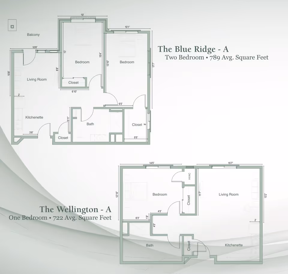 Architectural floor plans for two apartment layouts at Legacy House of Park Lane. The Blue Ridge - A features two bedrooms, a living room with kitchenette, a bath, closets, and a balcony, totaling 789 average square feet. The Wellington - A features one bedroom, a living room with kitchenette, a bath, closets, and HVAC, totaling 722 average square feet.