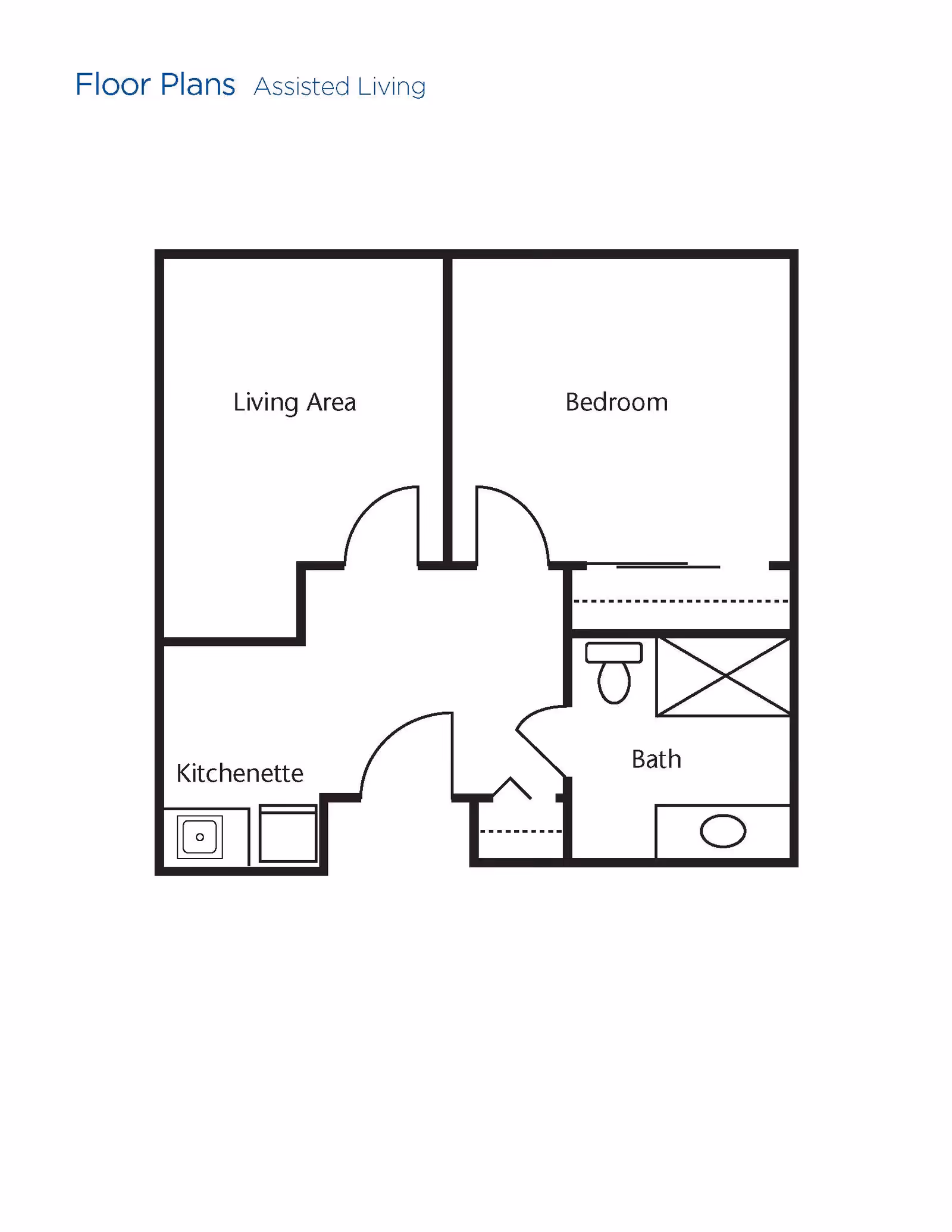 Floor plan of an assisted living unit at Brookdale College Place showing a living area, bedroom, kitchenette, and bathroom.