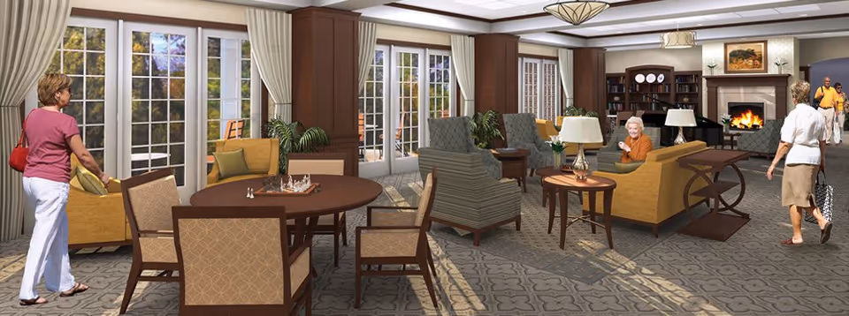 Spacious assisted living lounge with multiple seating areas, tables, a fireplace and bookshelves, and several residents walking and sitting.