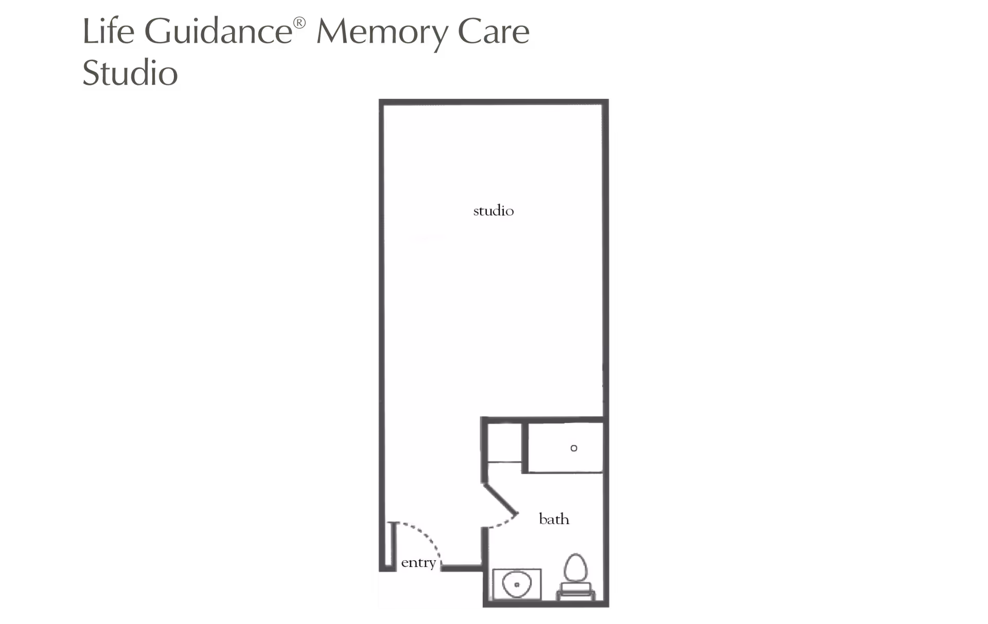 Floor plan layout of a Life Guidance Memory Care Studio at Atria Park of Tucker, showing an entry area leading into a studio space with an adjacent bathroom that includes a sink, toilet, and bathtub.