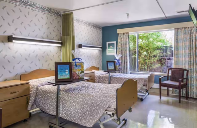 A bright and clean room with two hospital-style beds, each with a patterned bedspread and a small table holding a gift basket and framed picture. The room has a large window with curtains, a wooden chair, and a bedside cabinet. The walls have light-colored wallpaper with a subtle pattern and a green accent wall near the window.