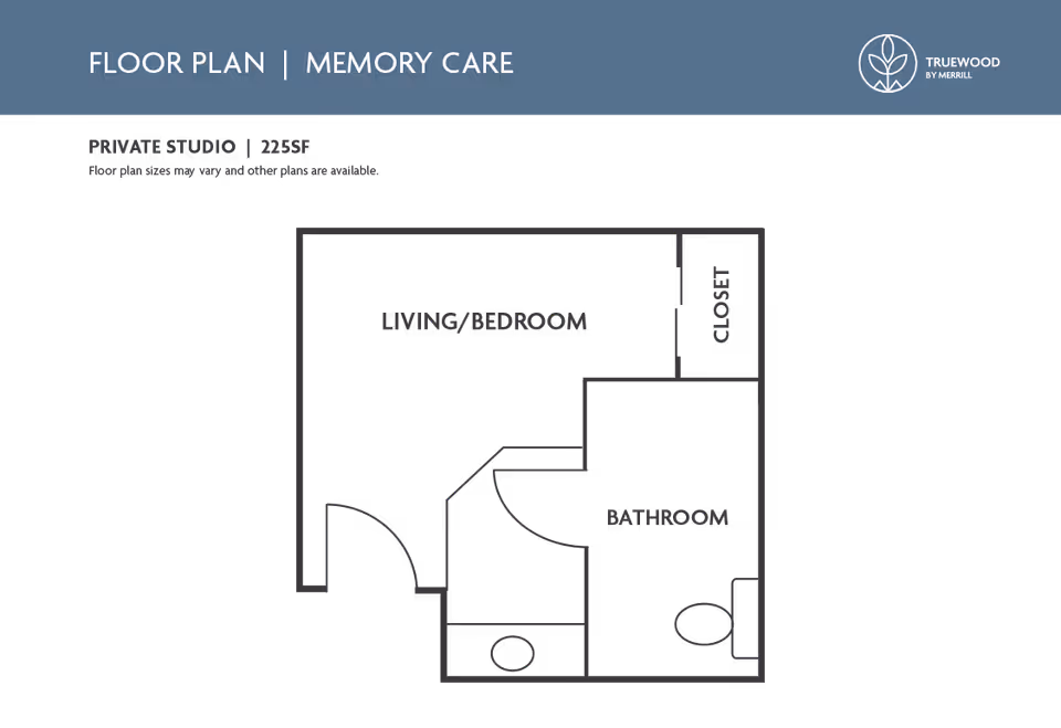 Floor plan for a private studio memory care unit at Valencia at Cottonwood Heights, showing a living/bedroom area, a bathroom, and a closet. The total area is 225 square feet.