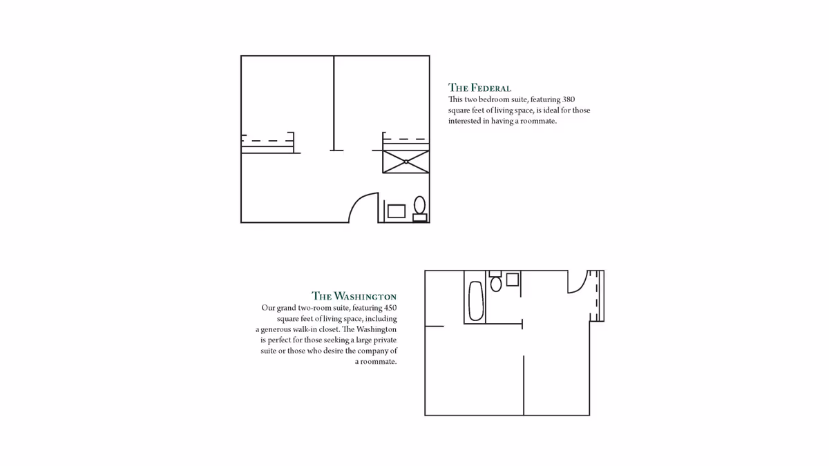 Architectural floor plans for two different suites named The Federal and The Washington. The Federal is a two-bedroom suite with 380 square feet of living space, ideal for having a roommate. The Washington is a grand two-room suite with 450 square feet, including a walk-in closet, suitable for a large private suite or having a roommate.