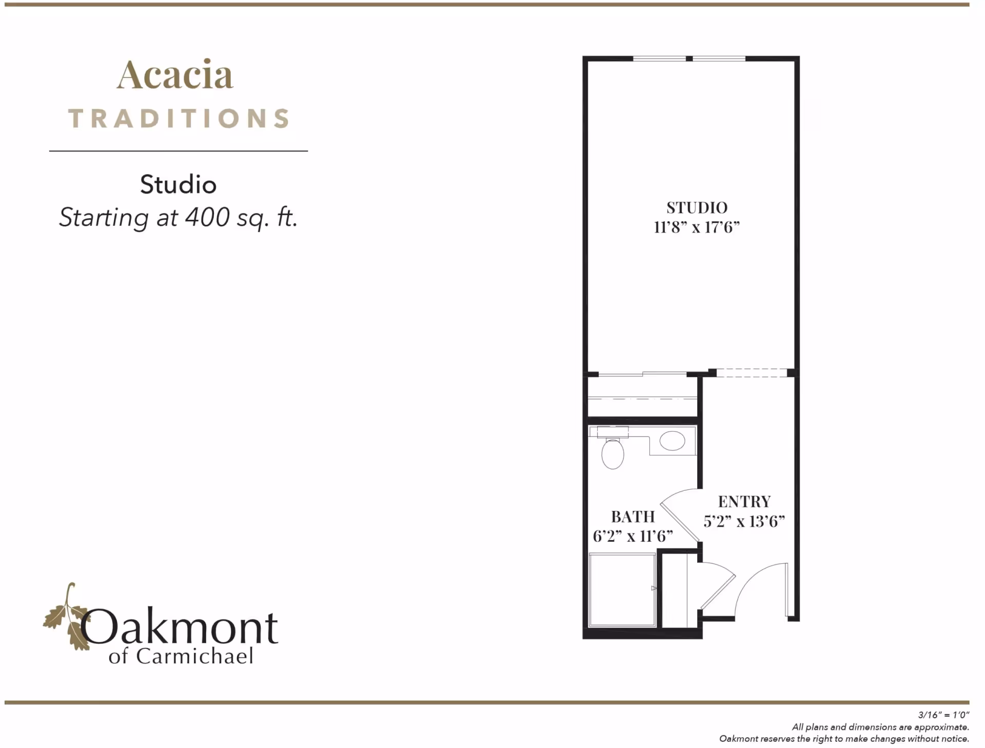 Floor plan diagram of a studio apartment with labeled studio, entry and bath areas and Oakmont of Carmichael branding.