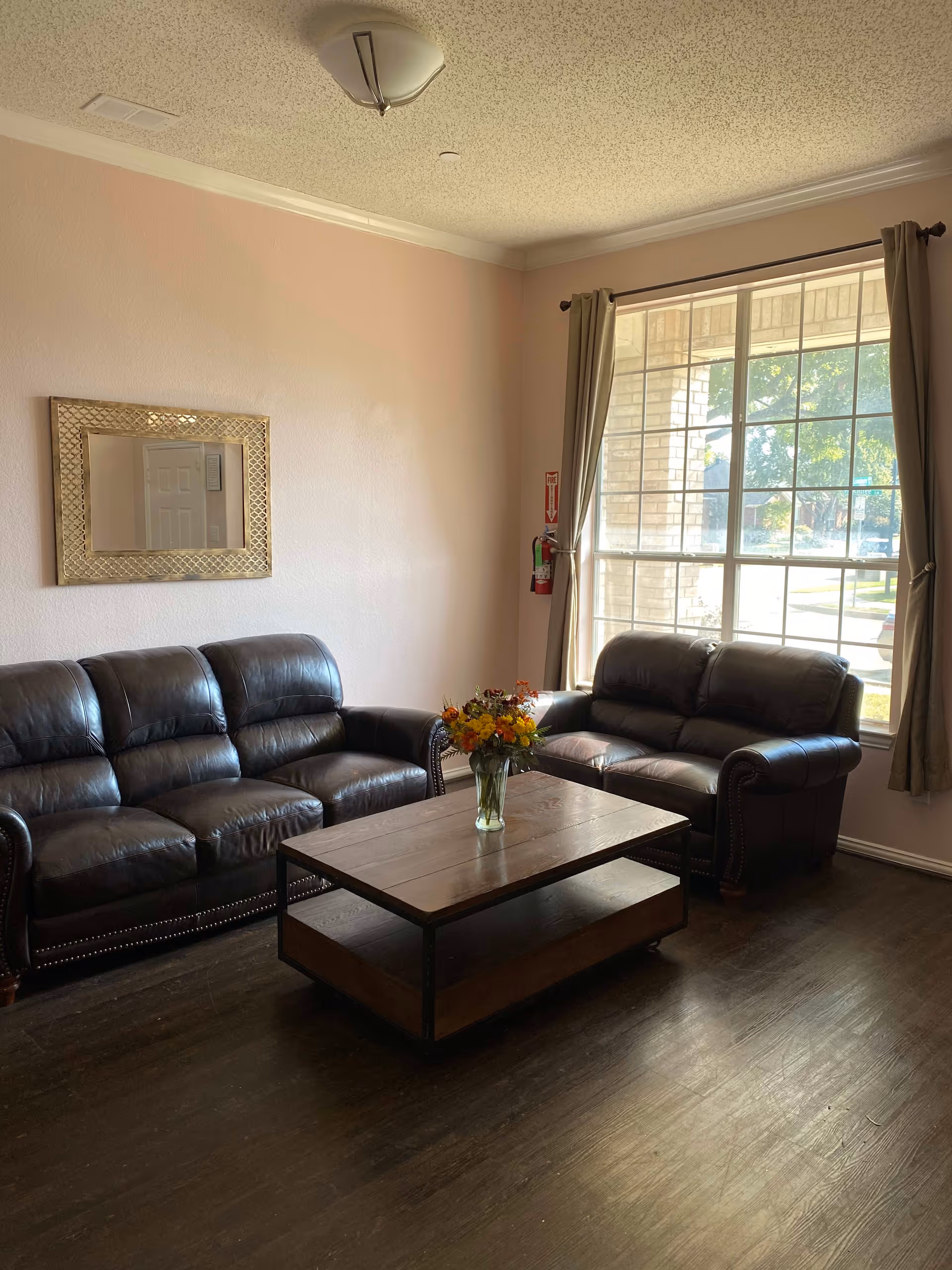 A cozy living room with two dark brown leather sofas facing a wooden coffee table with a glass vase of colorful flowers. A large window with beige curtains allows natural light to fill the room. A decorative mirror hangs on the light-colored wall above one sofa.