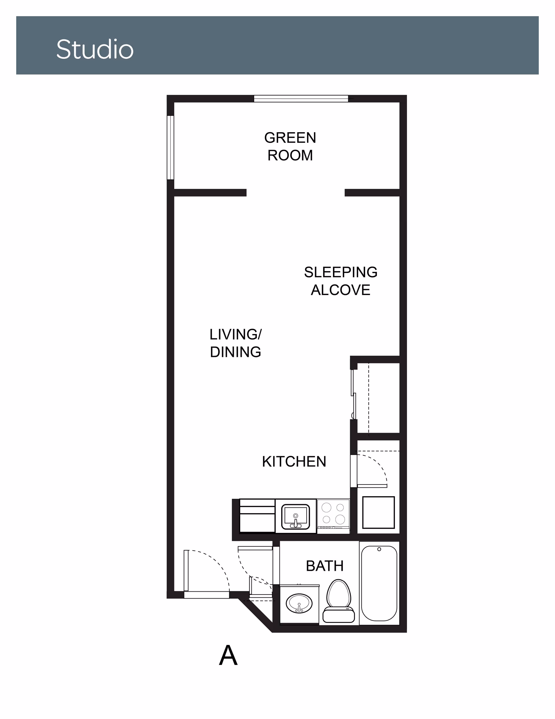 Floor plan of a studio apartment at Atrium at Gainesville showing a green room, sleeping alcove, living/dining area, kitchen, and bathroom with a bathtub, toilet, and sink.
