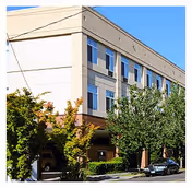 Exterior view of a multi-story beige building with several windows, surrounded by trees and parked cars on the street in front.