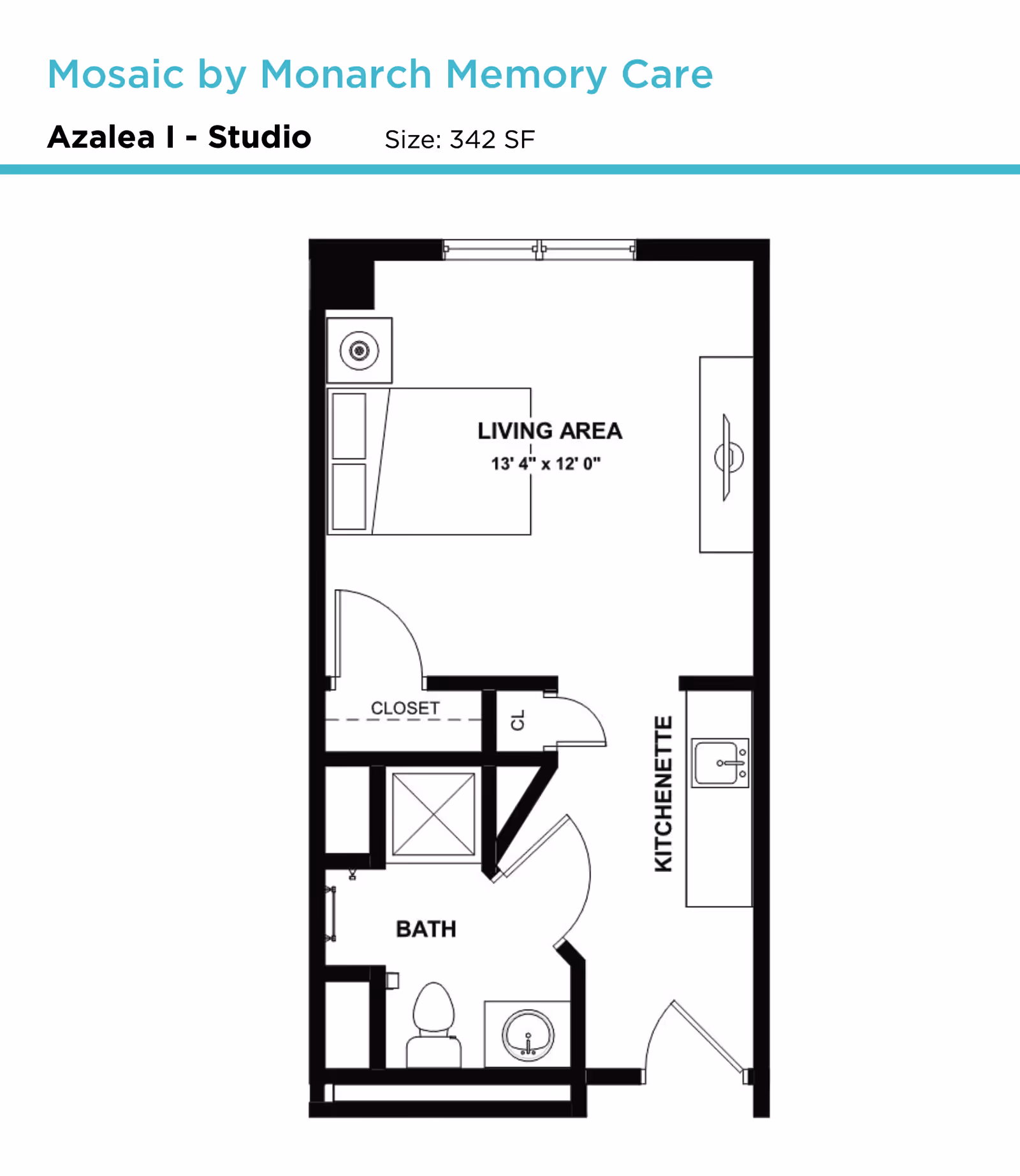 Floor plan of Azalea I - Studio at Mosaic by Monarch Memory Care, showing a living area measuring 13'4" by 12'0", a kitchenette, a bathroom with toilet and sink, and a closet.