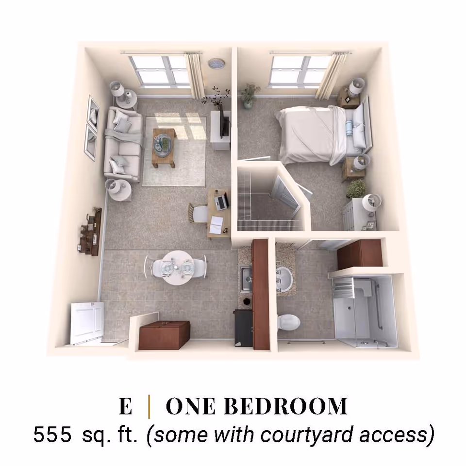 3D floor plan rendering of a one-bedroom, 555 sq. ft. apartment showing a living room, kitchen/dining area, bedroom, and bathroom.