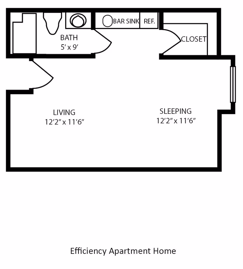 Floor plan of an efficiency apartment home showing a living area measuring 12 feet 2 inches by 11 feet 6 inches, a sleeping area of the same size, a bathroom measuring 5 feet by 9 feet, a closet, a bar sink, and a refrigerator.