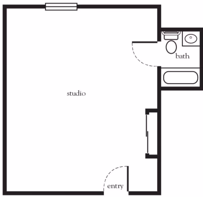 Floor plan of a studio apartment with an entry door, a main studio living area, and a separate bathroom containing a toilet, sink, and bathtub.