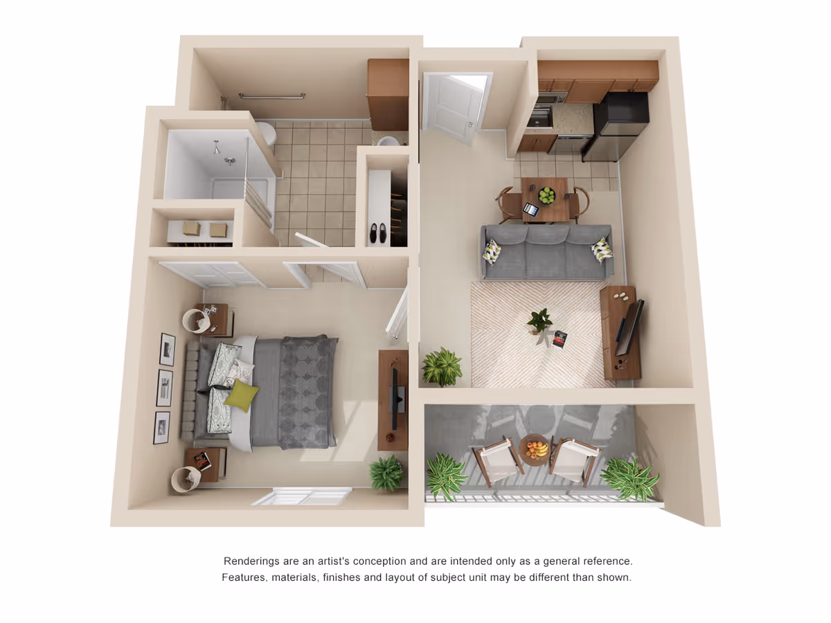 3D floor plan of a one-bedroom apartment featuring a bedroom with a bed, nightstands, and a TV, a bathroom with a shower, toilet, and sink, a combined living room and kitchen area with a sofa, dining table, and kitchen appliances, and an outdoor patio with two chairs and a small table surrounded by plants.