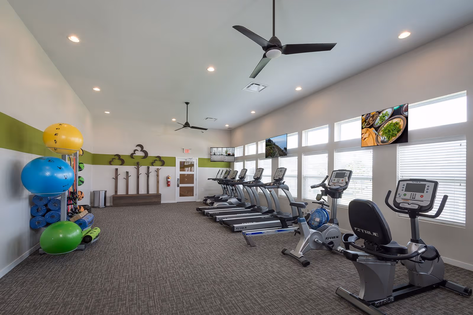A bright fitness room with several treadmills and stationary bikes lined up against a wall of windows. On the left side, there are colorful exercise balls and yoga mats stored on racks. The room has ceiling fans, recessed lighting, and a green stripe painted on the white walls.