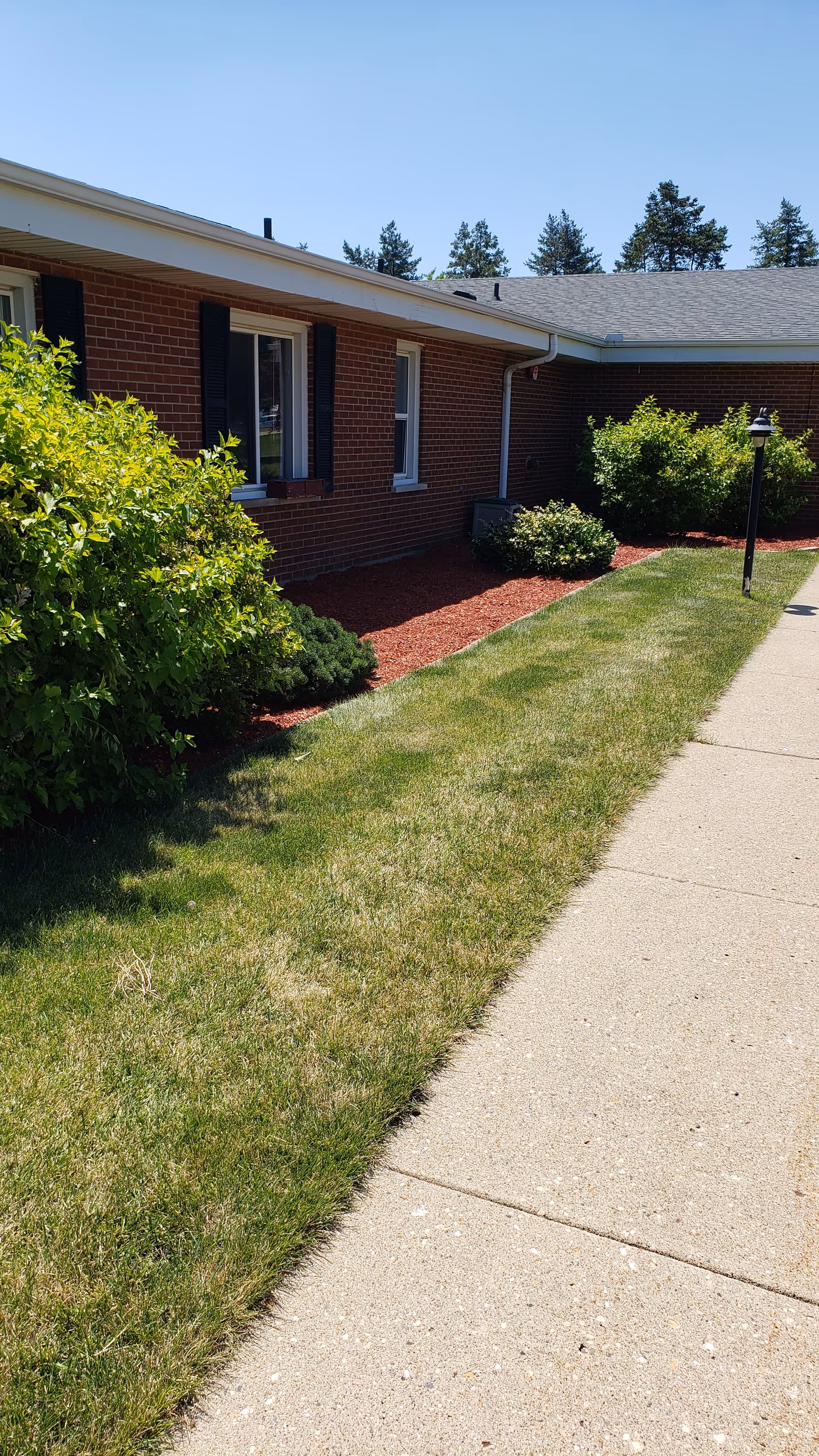 Brick single-story building facade with windows, shrubs, a grassy lawn and a sidewalk under a clear blue sky.