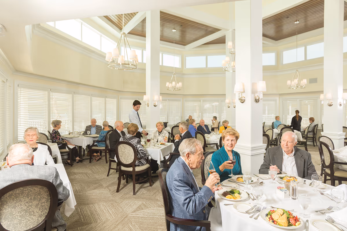Elderly residents dine and socialize at white-clothed tables in a bright, elegant dining room with high ceilings and chandeliers.