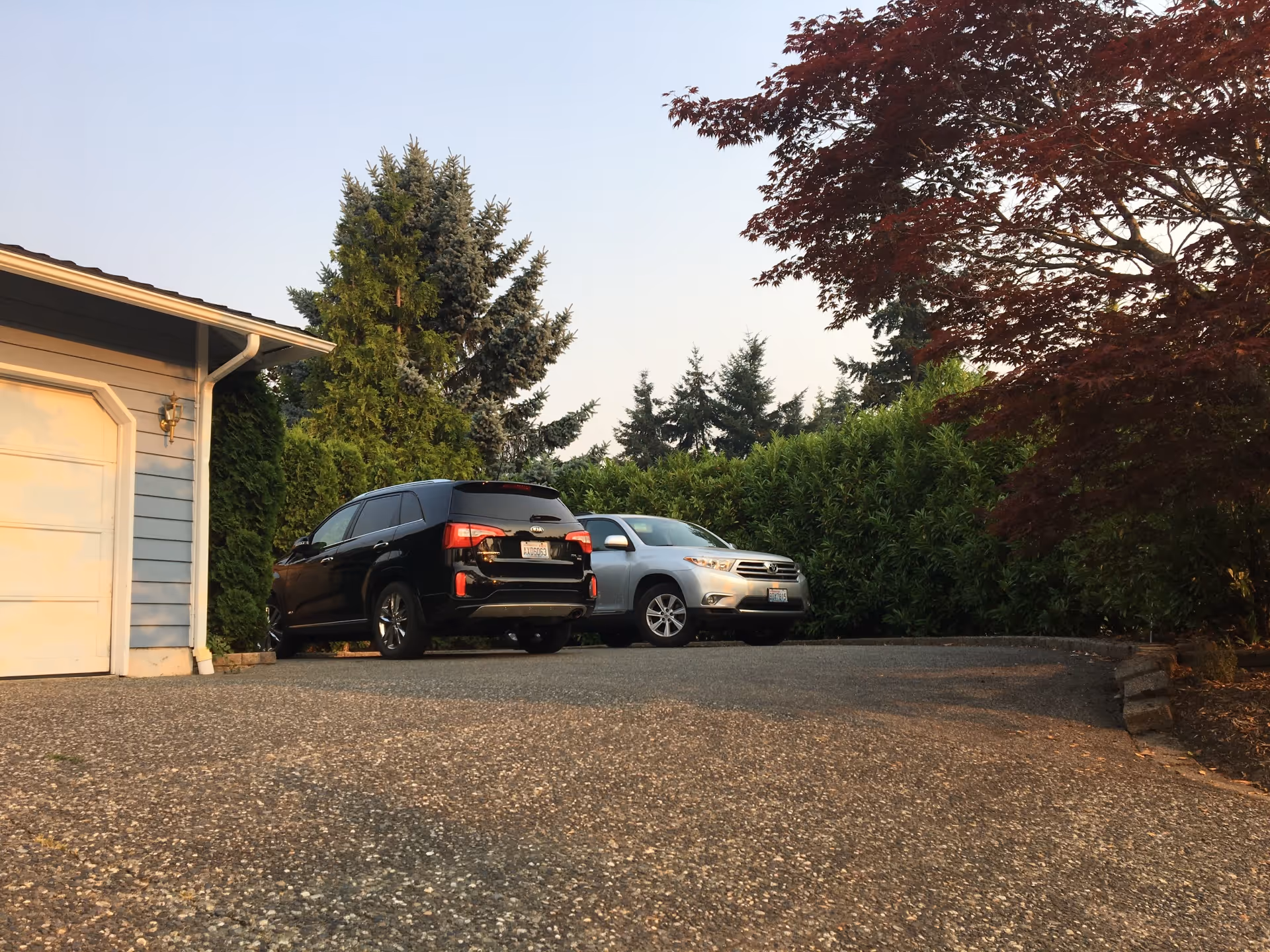 Driveway with two parked SUVs beside a garage, bordered by hedges and trees.