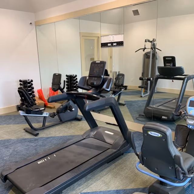 A fitness room with exercise equipment including a treadmill, stationary bike, rowing machine, weight rack with dumbbells, and a multi-function weight machine. The room has a large mirror on one wall and a carpeted floor with a geometric pattern.