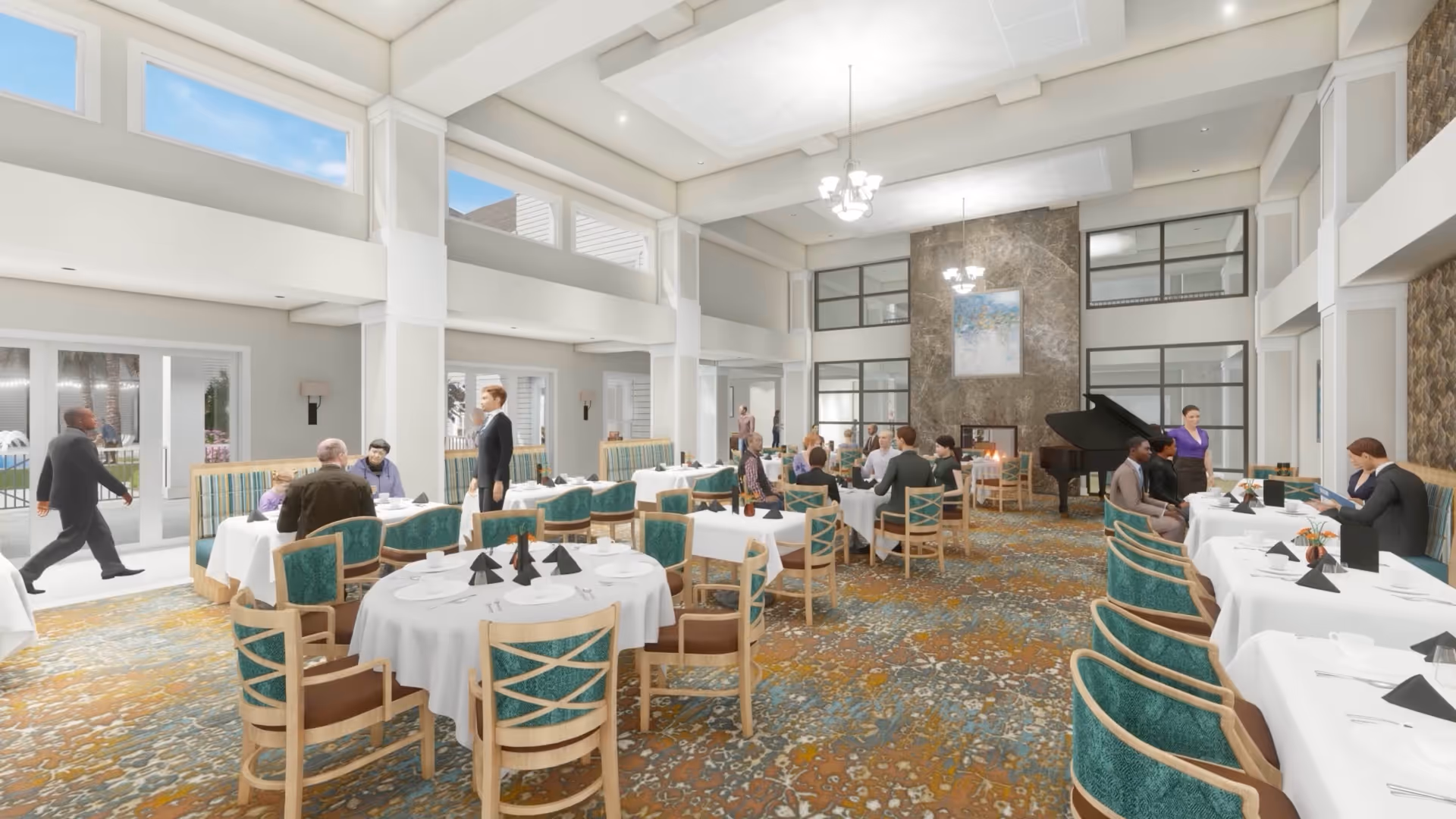 A spacious and elegant dining room with multiple round and rectangular tables covered with white tablecloths and set with plates, cups, and black napkins. Several people are seated and conversing, while others are walking or standing. The room features large windows, high ceilings with modern chandeliers, a grand piano near a stone fireplace, and patterned carpet flooring.