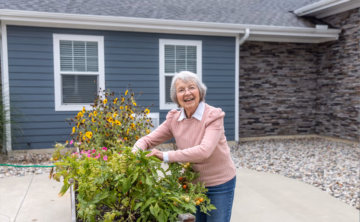 An elderly woman wearing a pink sweater and glasses is smiling and tending to a raised garden bed with green plants and tomatoes outside a building with blue siding and white-trimmed windows.