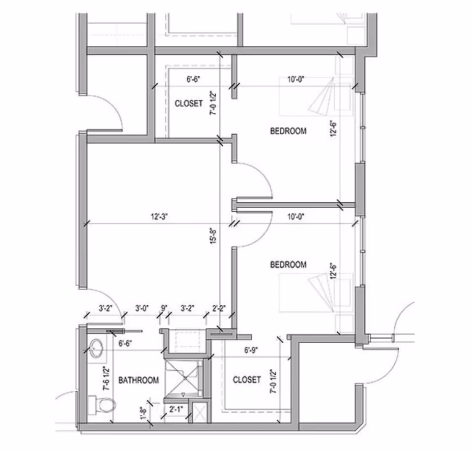 Black-and-white architectural floor plan showing two bedrooms, closets, and a bathroom with dimensions.