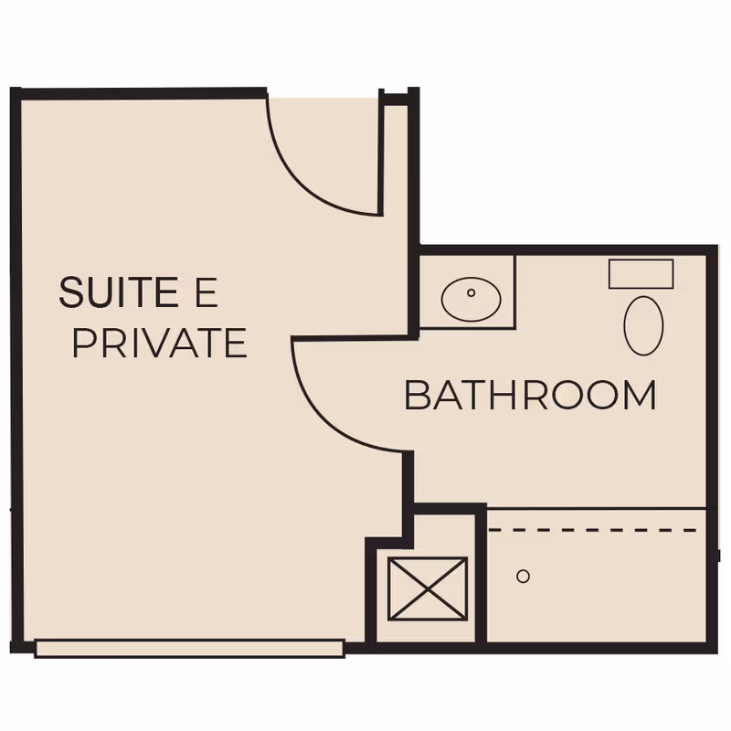 Floor plan layout showing a private suite labeled Suite E with an adjoining bathroom that includes a sink, toilet, and shower area.