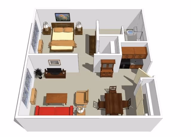 3D floor plan of a senior living apartment featuring a bedroom with a bed, two nightstands with lamps, and a dresser. The living area includes a red sofa, armchair, coffee table, TV on a stand, and a plant. Adjacent to the living room is a dining area with a square table and four chairs. The kitchen has cabinets, a stove, and a refrigerator. A bathroom with a shower is located near the kitchen.