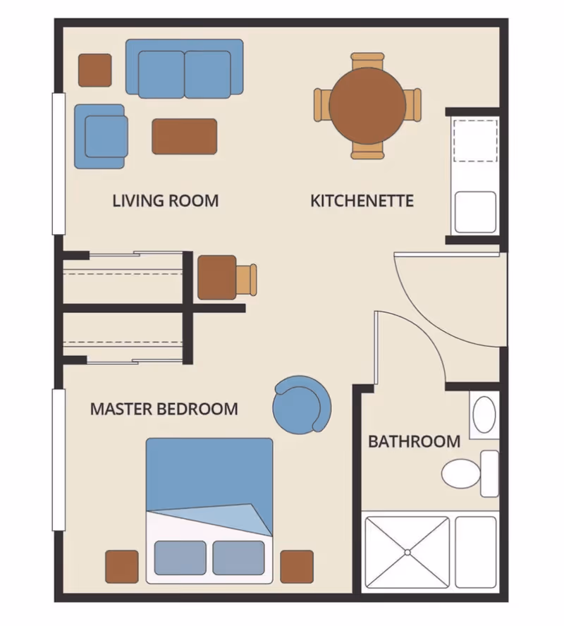 Floor plan of a living space showing a living room with sofa and chair, a kitchenette with a round dining table and four chairs, a master bedroom with a bed and side tables, and a bathroom with a shower, toilet, and sink.
