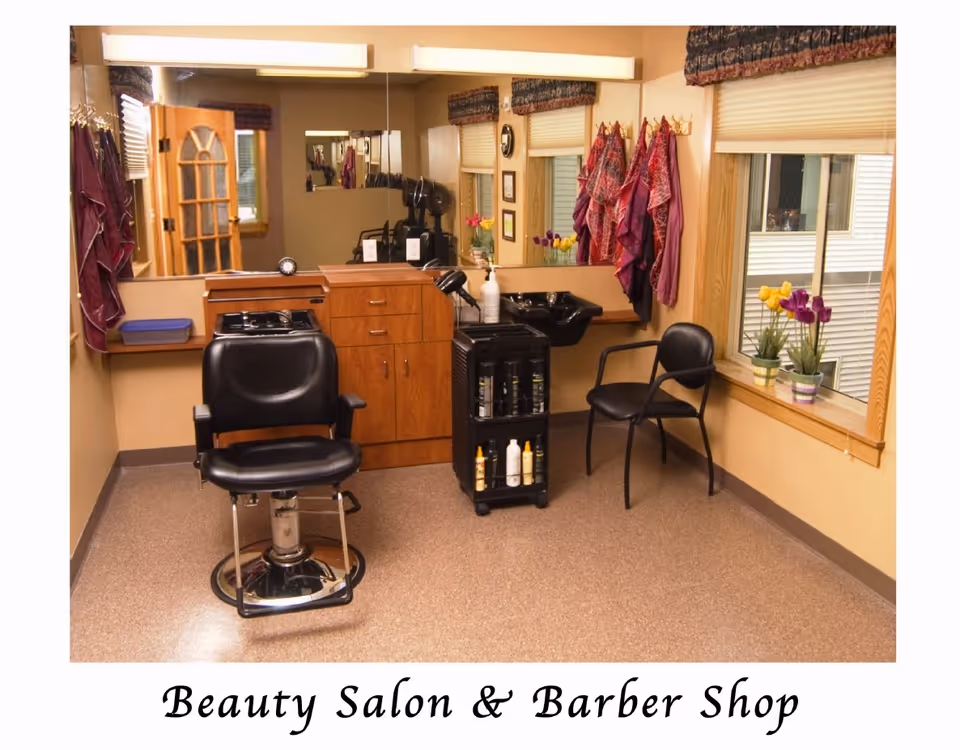 Interior view of a beauty salon and barber shop with a black barber chair, a black salon chair, a wooden cabinet with a sink, a rolling cart with hair products, and several colorful capes hanging on the wall. There is a large mirror above the cabinet and a window with potted flowers on the windowsill.