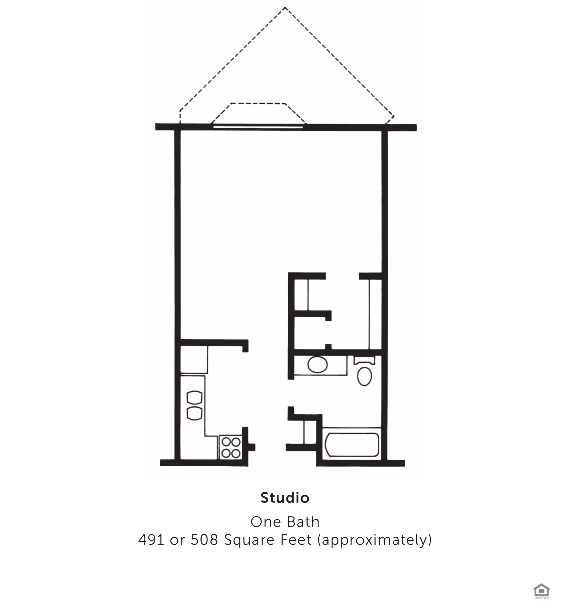 Black-and-white floor plan of a studio apartment showing a kitchen, bathroom, and open living area with approximate square footage noted.