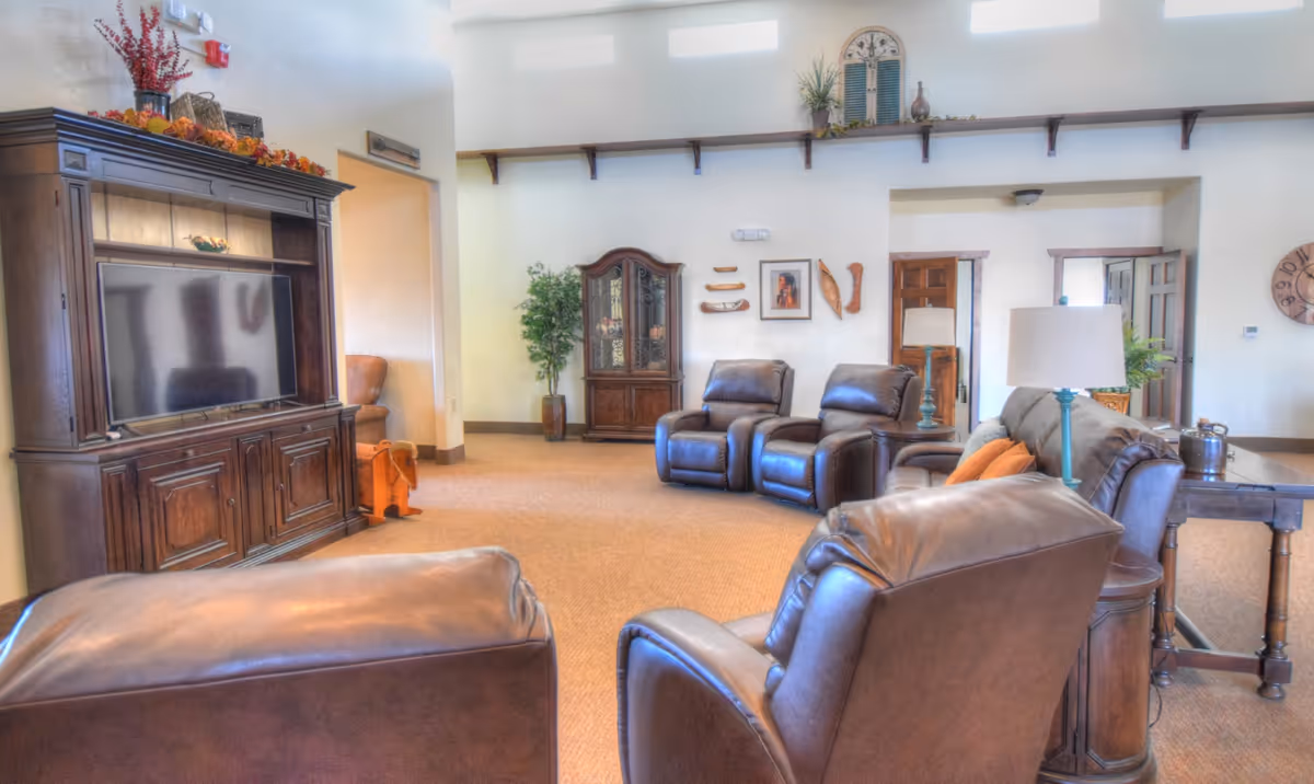 Spacious lounge with several brown leather recliners, a large wooden entertainment cabinet with TV, lamps and decorative shelving.