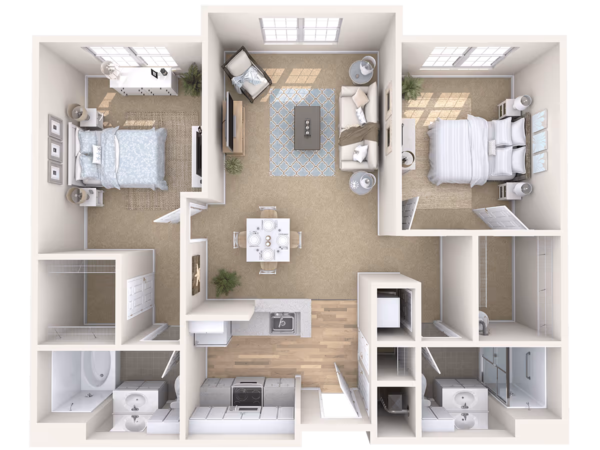 Top-down view of a two-bedroom apartment floor plan featuring a living room with a sofa, armchair, coffee table, and TV, a dining area with a table set for four, a kitchen with appliances and cabinetry, two bedrooms each with a bed, nightstands, and dressers, two bathrooms with sinks, toilets, and bathtubs or showers, and closets for storage.