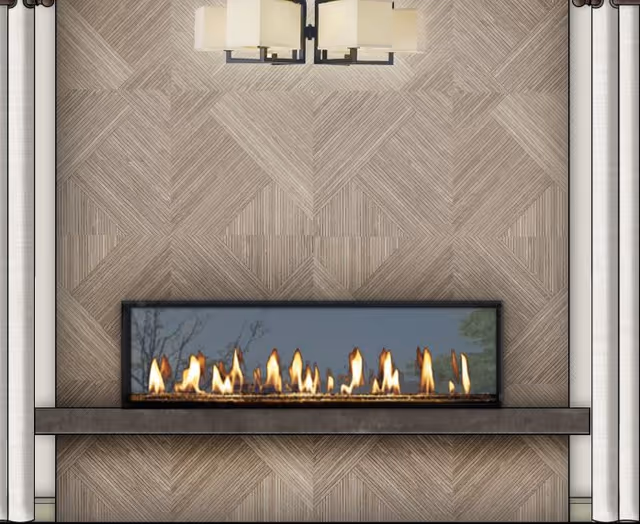 Modern interior wall featuring a long linear fireplace set into a patterned wood-paneled wall with a light fixture above and curtains at the sides.