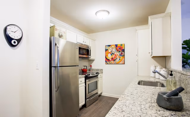 A modern kitchen with white cabinets, granite countertops, a stainless steel refrigerator, stove, and microwave. There is a colorful abstract painting on the wall and a clock on the adjacent wall. The kitchen has a clean and bright appearance with a mortar and pestle on the counter and a sink with soap dispensers.