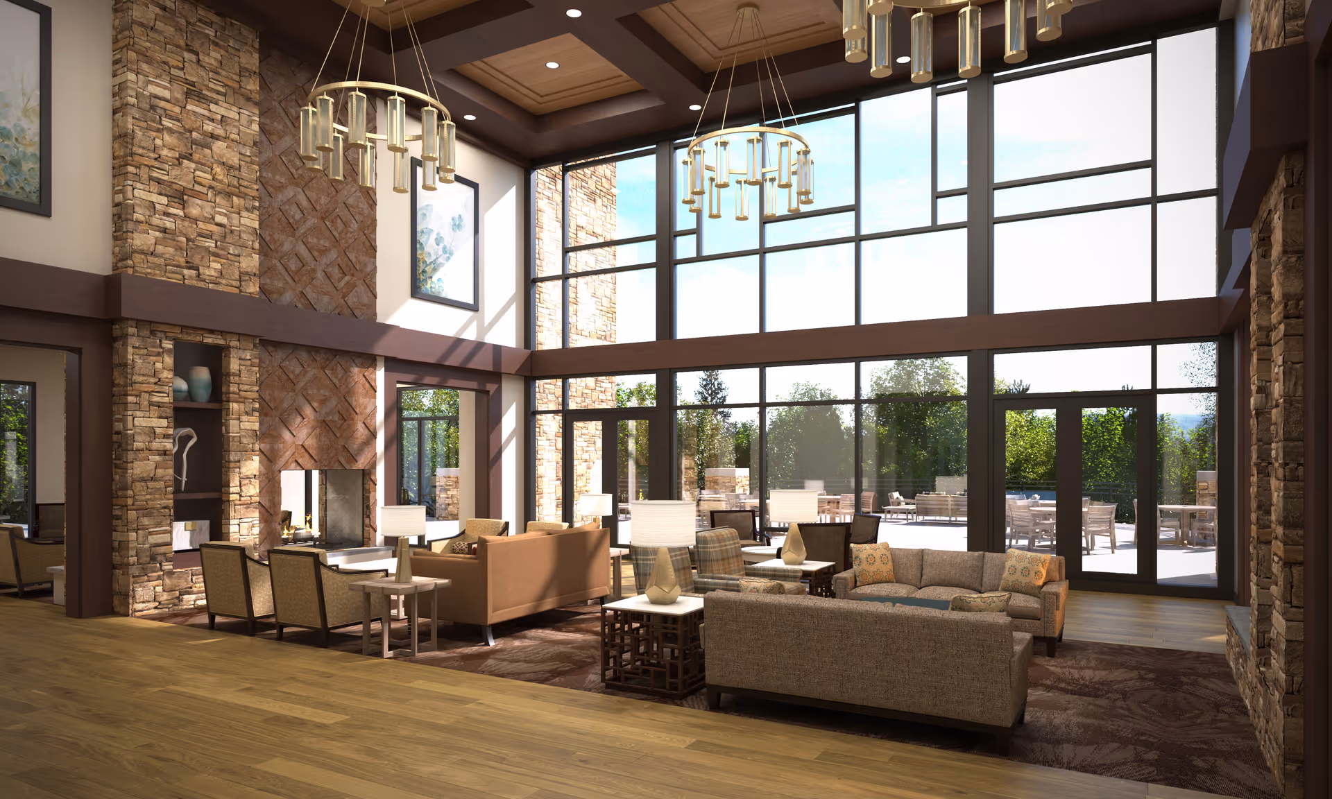 Spacious two-story lounge with large floor-to-ceiling windows, multiple seating areas, a fireplace, and an outdoor patio visible through glass doors.
