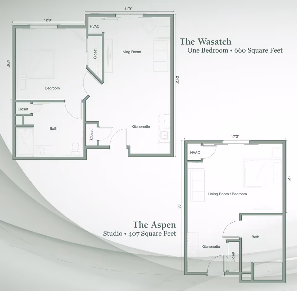 Architectural floor plans for two apartment layouts at Legacy Village of Provo. The Wasatch is a one-bedroom unit with 660 square feet, including a bedroom, bath, living room, kitchenette, and closets. The Aspen is a studio unit with 407 square feet, featuring a combined living room/bedroom, bath, kitchenette, closet, and HVAC area.