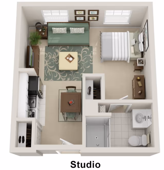 3D rendered studio apartment floor plan showing a combined living/sleeping area with a sofa and bed, a kitchenette and dining table, a closet, and a bathroom.