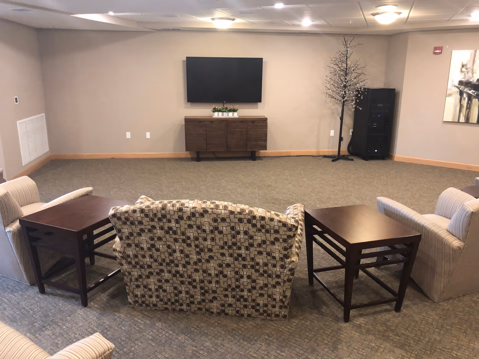 A senior community lounge area with a patterned loveseat and two armchairs arranged around two wooden side tables. A flat-screen TV is mounted on the beige wall above a wooden cabinet with small potted plants. To the right, there is a decorative tree light and a black electronic equipment rack. The room has carpeted flooring and recessed ceiling lights.