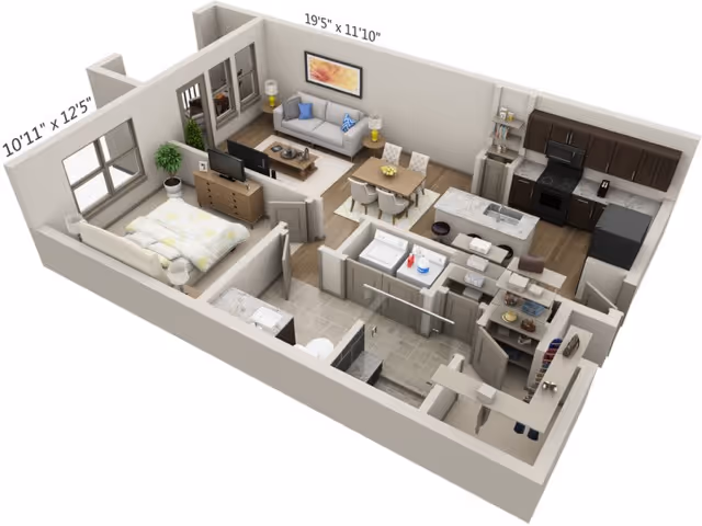 3D floor-plan rendering of a one-bedroom apartment showing an open living room, dining area, kitchen, bedroom, and bathroom.