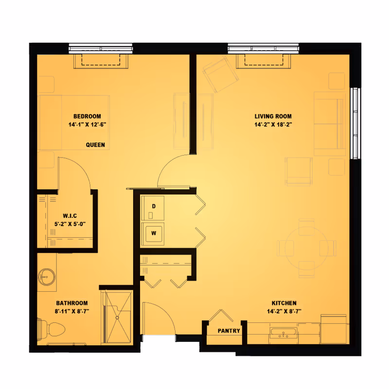 Floor plan of a senior living unit at Elancé at Tuckahoe showing a bedroom with queen bed and walk-in closet, bathroom with shower and toilet, living room with seating and dining area, kitchen with pantry, and laundry area with washer and dryer.